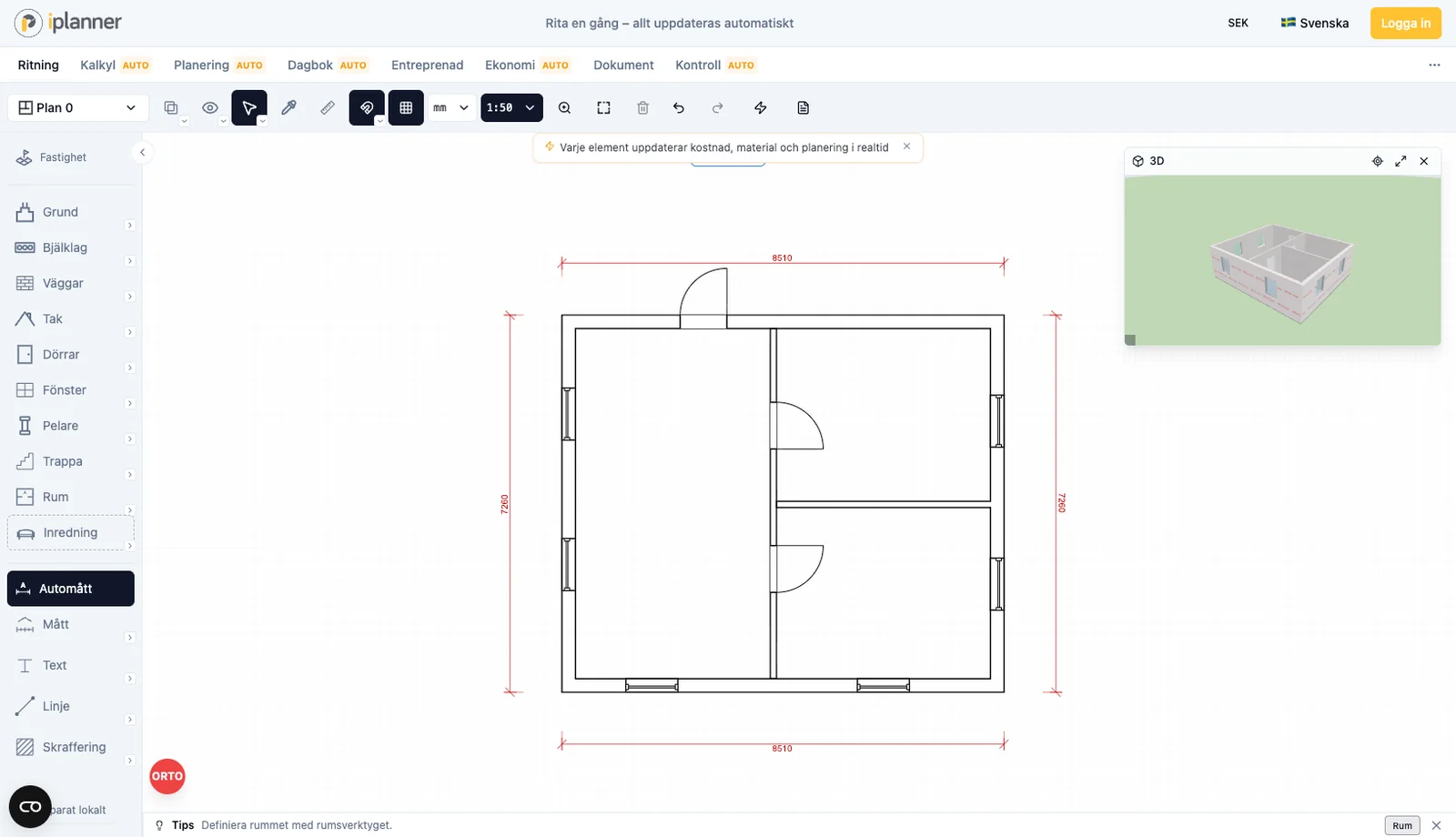 iPlanners ritverktyg i testläge utan inloggning, med en planritning under arbete.