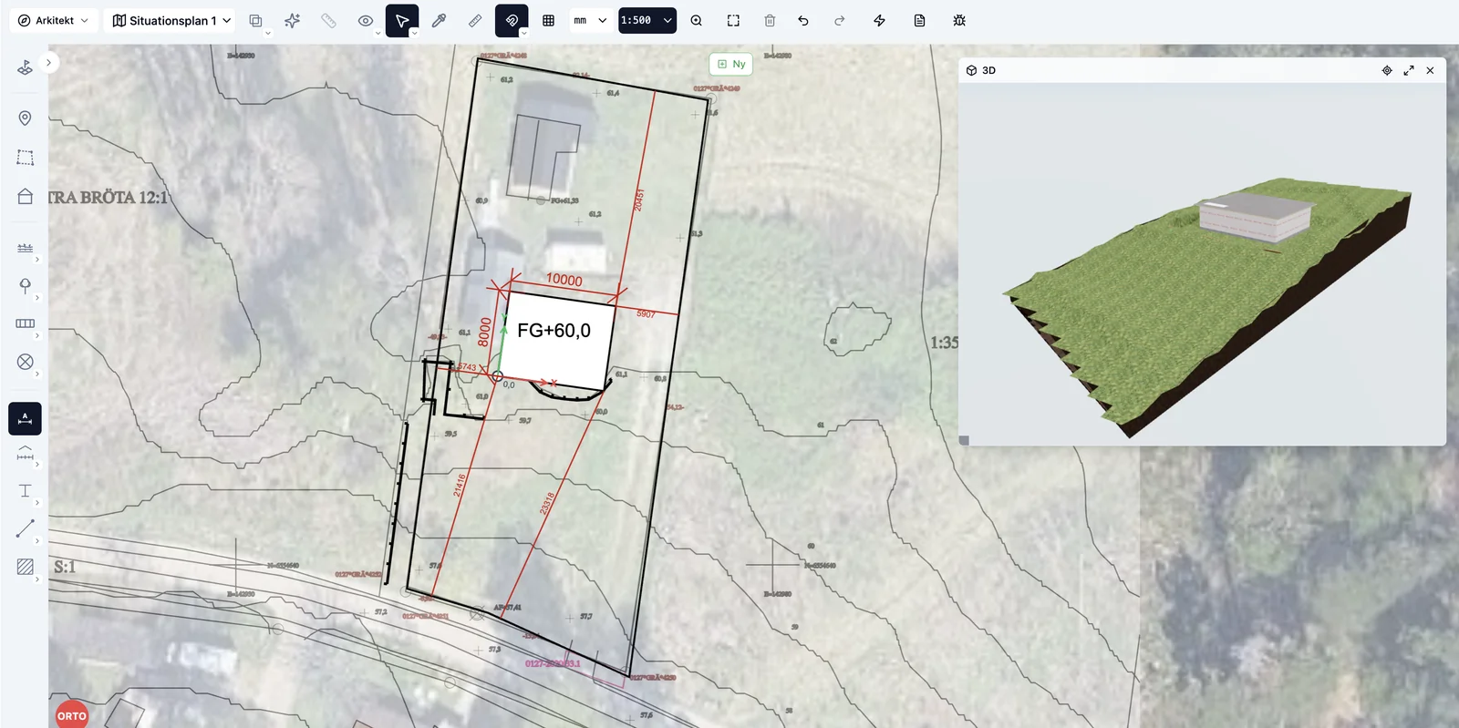 Situationsplan på kommunens kartunderlag med höjdkurvor, och samma tomt som 3D-terrängmodell med huset placerat.
