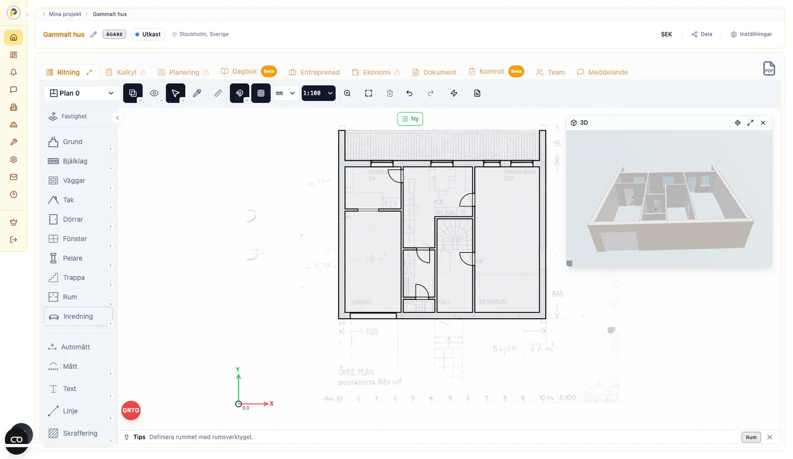 Skannad bygglovsritning från kommunens arkiv använd som underlag, med huset uppritat digitalt ovanpå.