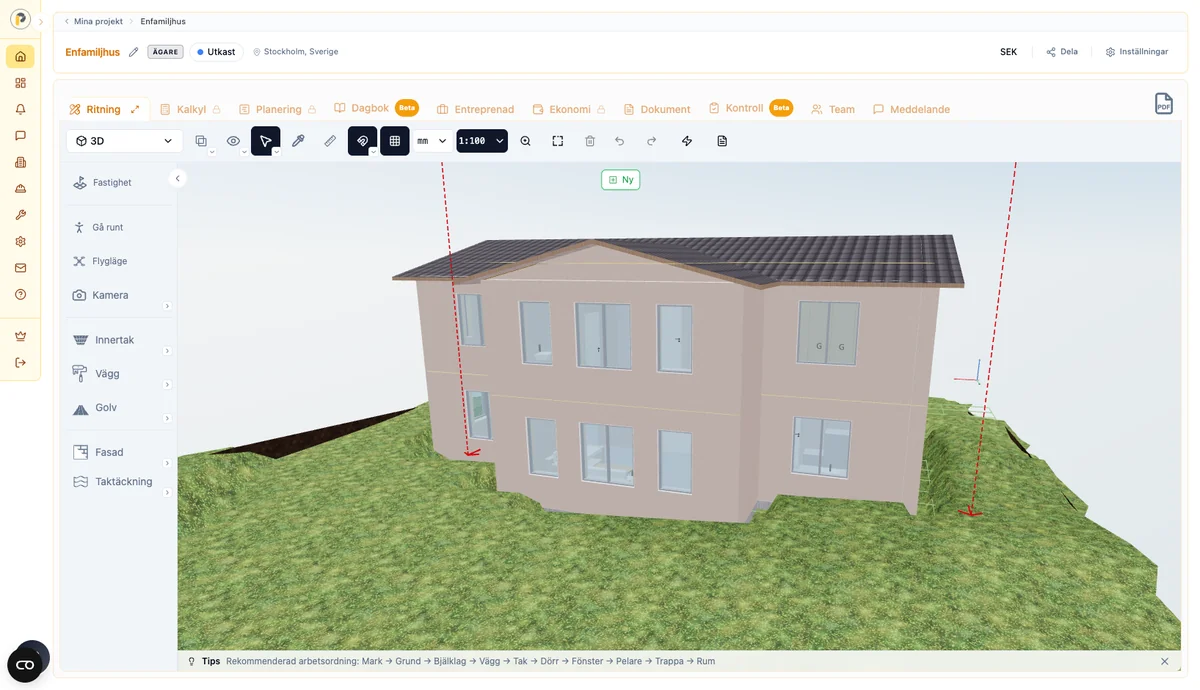 Hus visat i 3D i webbläsaren, placerat på tomtens terrängmodell.