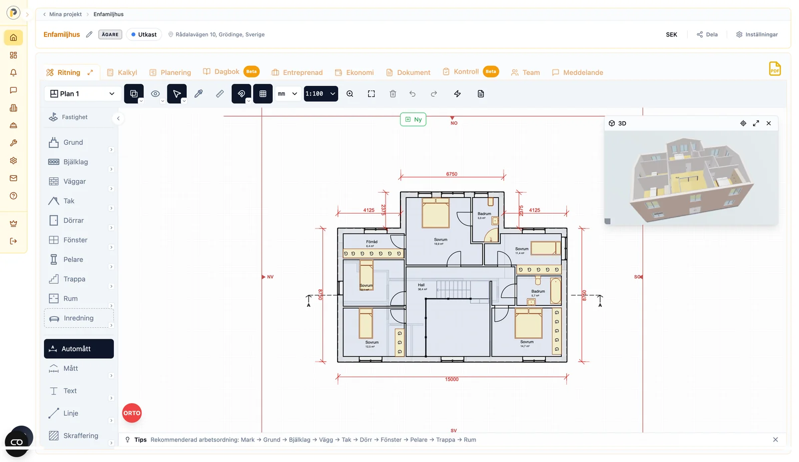 Måttsatt planritning i iPlanner med rumsareor och tillhörande 3D-vy av huset.